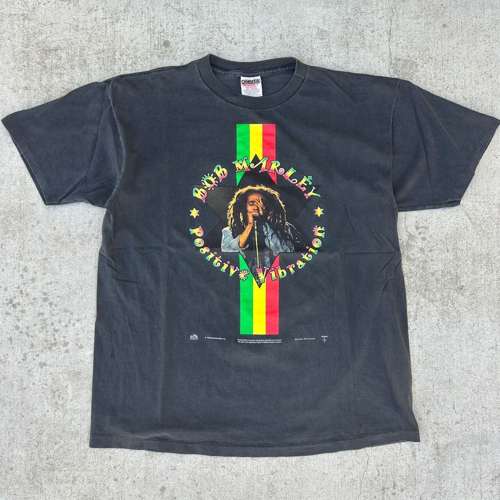 Vintage 1995 Bob Marley Positive Vibration T Shirt XL Black Oneita 90s Reggae